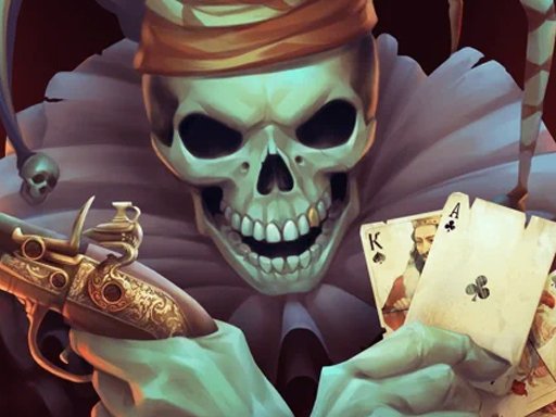 Image of a swashbuckling pirate skeleton with a mischievous grin. He clutches a pistol in one bony hand and a fan of playing cards in the other, ready for a high-seas adventure (or perhaps a game of pirate poker?) ☠️🃏