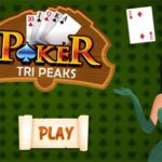 Image of a cartoon woman smiling and showcasing a Poker Tri Peaks game on a tablet, with cards arranged in peaks and a discard pile visible.