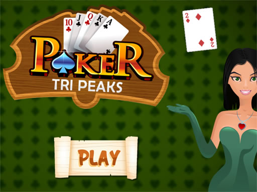 Image of a cartoon woman smiling and showcasing a Poker Tri Peaks game on a tablet, with cards arranged in peaks and a discard pile visible.