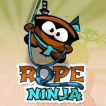 Image of a cartoon ninja swinging on a rope in a colorful jungle setting, with the game title "Rope Ninja" prominently displayed below.