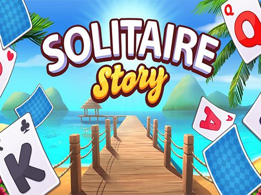 Image of a serene marina beach with playing cards floating in the air, symbolizing the relaxing and fun nature of Solitaire Story - Tripeaks.