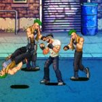 Image of a pixel art beat 'em up game where a bearded man in a white vest is fighting three identical green-haired enemies in a city street setting. One enemy is lying on the ground, defeated.