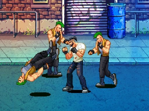 Image of a pixel art beat 'em up game where a bearded man in a white vest is fighting three identical green-haired enemies in a city street setting. One enemy is lying on the ground, defeated.