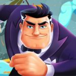 A panicked man in a suit awkwardly leaping over a rolling dumpster as a colossal tsunami wave crashes through a city street in Tsunami Escape 3D unblocked game.