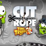 Image of the Cut the Rope: Time Travel game cover featuring Om Nom and his ancestor in a steampunk-themed setting, surrounded by time travel elements and candy.