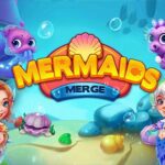 Image of two whimsical mermaids diving into the ocean, surrounded by adorable fish in the Merge Mermaids online game.
