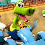 Image of the crocodile character speeding through a thrilling race in Go Kart Go Game.