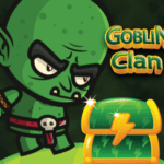 Image of a mischievous green goblin standing beside a glittering treasure chest, ready for Goblin Clan adventure!