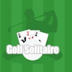 Image of a vibrant green background, with the playful silhouette of a golden player casting a shadow. At the forefront, a dynamic arrangement of cards awaits your Golf Solitaire adventure.