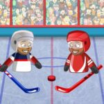 Image of a comical face-off: two rival hockey players, one donned in vibrant blue and the other in fierce red attire, engaged in an epic Puppet Hockey Battle on the ice.