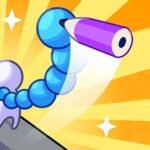 Image of a white stick figure character extending a blue segmented body, ending in a giant purple pencil, against a bright yellow background.