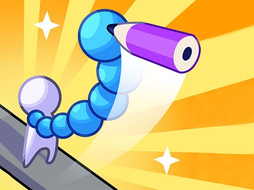 Image of a white stick figure character extending a blue segmented body, ending in a giant purple pencil, against a bright yellow background.