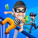 Image of a cartoon robber wearing a black mask and striped shirt, sneaking through a dimly lit house filled with valuable objects.