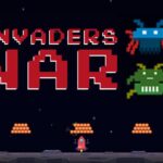 Image of Invaders War gameplay: Retro-style pixel spaceship blasts alien invaders against a starry background.