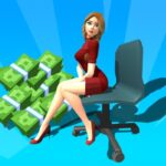Image of a cartoon secretary grinning beside a towering pile of cash in a bright, colorful office. Office Fever unblocked game thumb