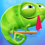 Image of a determined green chameleon with a long, sticky tongue extended, ready to snag a tempting piece of bubblegum!