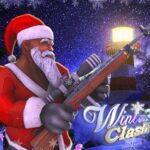Image of Santa Claus holding a rifle in a festive, snowy setting near a glowing lighthouse, representing the Winter Clash 3D game.