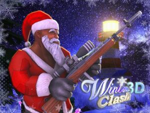 Image of Santa Claus holding a rifle in a festive, snowy setting near a glowing lighthouse, representing the Winter Clash 3D game.
