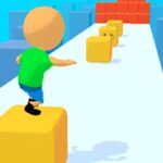 Image of a pixelated character surfing on a stack of colorful cubes.