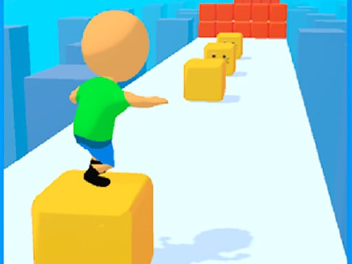 Image of a pixelated character surfing on a stack of colorful cubes.