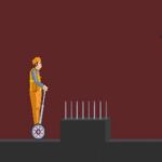 Image of a fearless sanitation hero riding a Segway, braving lethal spikes on a daring quest in Happy Fun Rider Wheels game.