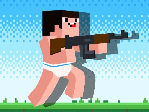 A fun image from the Noob Rush VS Pro Monster game, showcasing a courageous noob character in briefs wielding a powerful machine gun. Get ready for thrilling online gameplay