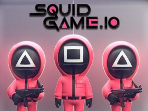Three Squid Game.io members dressed in red, with two holding gun machines.