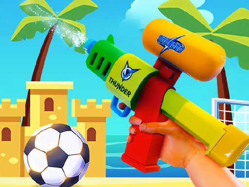 Image of a thrilling water blaster and a playful ball set against a backdrop of a sunny beach, capturing the excitement of Beach Run game.