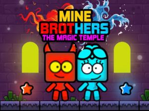 Image of two vibrant characters, one red and the other blue, standing against a backdrop of platform scenery in Mine Brothers The Magic Temple game.