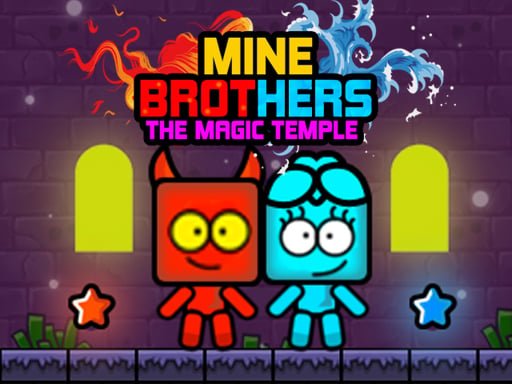 Image of two vibrant characters, one red and the other blue, standing against a backdrop of platform scenery in Mine Brothers The Magic Temple game.