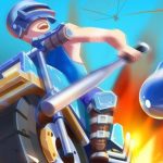 Image of a fierce punk warrior racer with spiked hair and a cybernetic arm, fearlessly gripping a wicked mace while astride his powerful motorbike, ready for an adrenaline-fueled battle in Motor Royale.