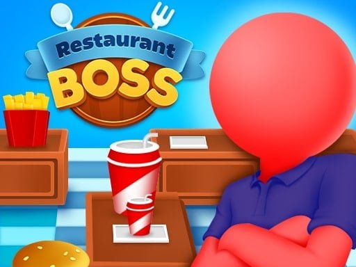 Image of a confident red stickman, arms folded, representing the restaurant manager in the game "Restaurant Boss". The vibrant character stands in front of a partially revealed restaurant backdrop, exuding an air of authority and control.