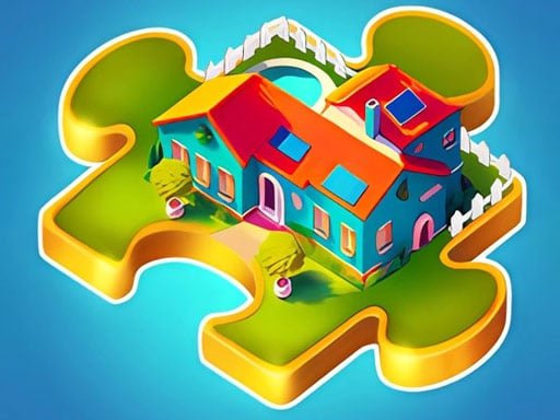 Image of a captivating 3D house resting on a vibrant green jigsaw tile, symbolizing the challenging allure of Worlds Hardest Jigsaw game.