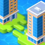 Image of a whimsical landscape in Merge Town! game, featuring floating tiles with unique buildings on each one.