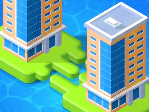 Image of a whimsical landscape in Merge Town! game, featuring floating tiles with unique buildings on each one.
