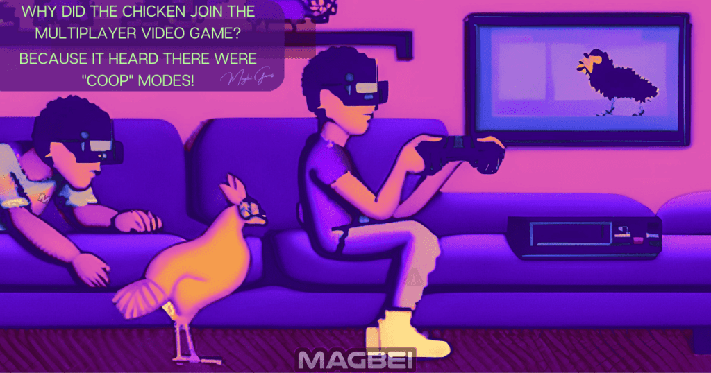 Image of a group of friends, accompanied by a chicken friend wearing visors, immersed in a multiplayer game with a humorous caption: "Why did the chicken join the multiplayer video game? Because it heard there were "coop" modes!" This image is relevant to the article section on "15 Most Important Multiplayer Game Genres."