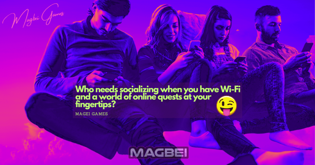 Image of a group of friends, each engrossed in their smartphones, completely absorbed in the world of online quests. Hints of purple hues adorn the scene, creating an intriguing ambiance. In the center of the image, a text message ironically declares, "Who needs socializing when you have Wi-Fi and a world of online quests at your fingertips?" This image perfectly complements the article section titled "The Adventures Never End: The Best Online Adventure Games for Endless Fun." Get ready to embark on an unforgettable journey of endless excitement as we delve into the realm of online adventure games. Join us and discover captivating quests that will keep you entertained for hours on end. 