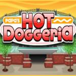 Image of a sizzling hot dog masterpiece, perfectly grilled and loaded with mouthwatering toppings at Papa's Hot Doggeria game.