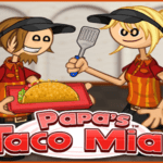 Image of a mouthwatering giant taco, tantalizingly out of reach, as a hand reaches out in anticipation, eager to indulge in the flavors of Papa's Taco Mia game.