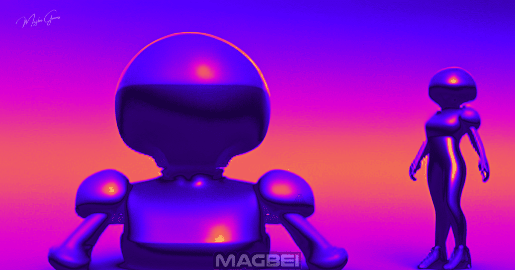 Image of a captivating futuristic puzzle game where two humanoids, one small and one giant, engage in a mind-boggling digital challenge. Illustration representing the article "Puzzle Games Online vs. Old-School Puzzles: Which is Better?"