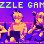 Image of four friends with manga-style illustrations, eagerly gathered on a sofa, fully engrossed in playing puzzle games online. A perfect depiction of brain-training fun and camaraderie.