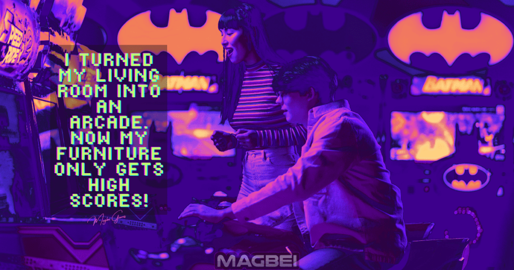 Image of a lively young man fully engrossed in playing classic arcade games while a delighted young woman watches him, both immersed in a vibrant retro-themed setting adorned with splashes of purple. The image is relevant to the article section "50 Greatest Hits of Arcade Gaming."