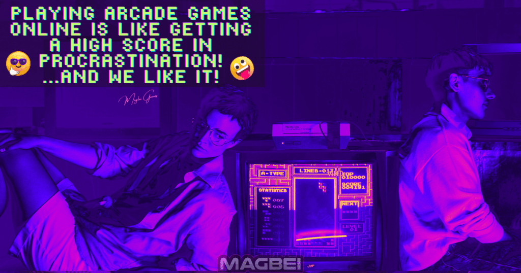 Image of two individuals, visibly bored, with an old television displaying a captivating Tetris gameplay between them. Above the image, a comical and ironic text reads, "playing arcade games online is like achieving a high score in procrastination! ...and we absolutely love it!" Splashes of purple hues add to the overall aesthetic. This image is directly associated with the article section "Latest 20 Arcade Games On MAGBEI GAMES." Explore the excitement of these new releases now!