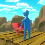 Image of a daring stickman-like character maneuvering a wheelbarrow on the precipice of a mountain, in the Realistic Wheelbarrow game.