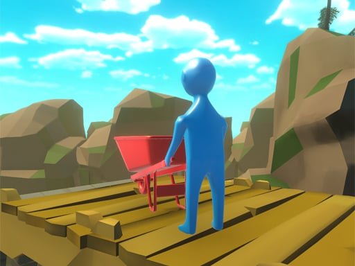 Image of a daring stickman-like character maneuvering a wheelbarrow on the precipice of a mountain, in the Realistic Wheelbarrow game.