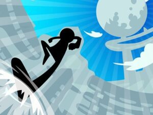Image of an enthusiastic stickman soaring through the air, defying gravity as it leaps towards a towering wall with determination and excitement in StickMan Jump Fun game.