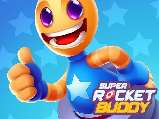 Image of an ecstatic Buddy soaring through the air on a rocket, capturing the sheer joy and exhilaration of Super Rocket Buddy game.