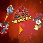 Image of Chuck Chicken bravely facing off against a horde of enemies on a fiery red battlefield.