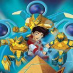 Image of the game's hero amidst ancient Egyptian characters, with a pyramid towering below.