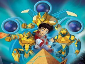 Image of the game's hero amidst ancient Egyptian characters, with a pyramid towering below.